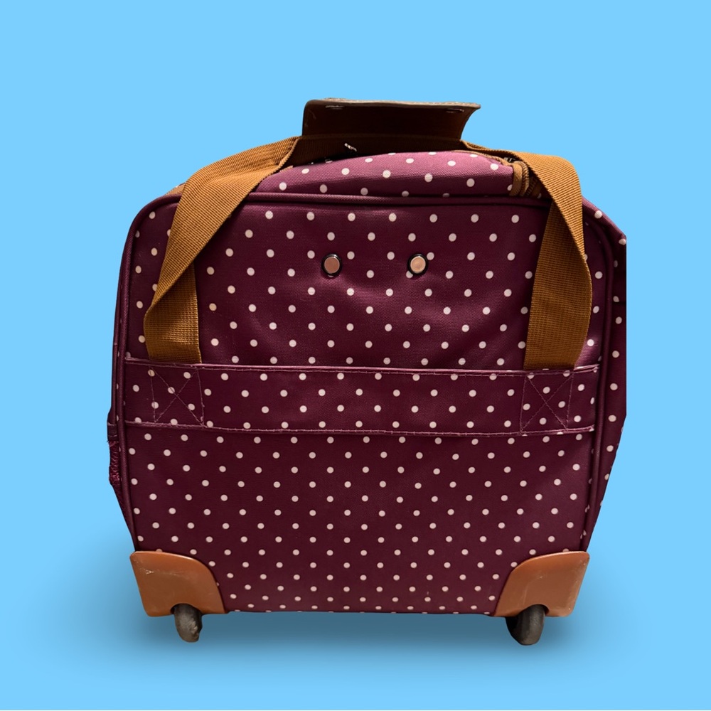 Jessica Simpson Burgundy Polka Dot Rolling Travel Bag with Tan Straps - Picture 8 of 8